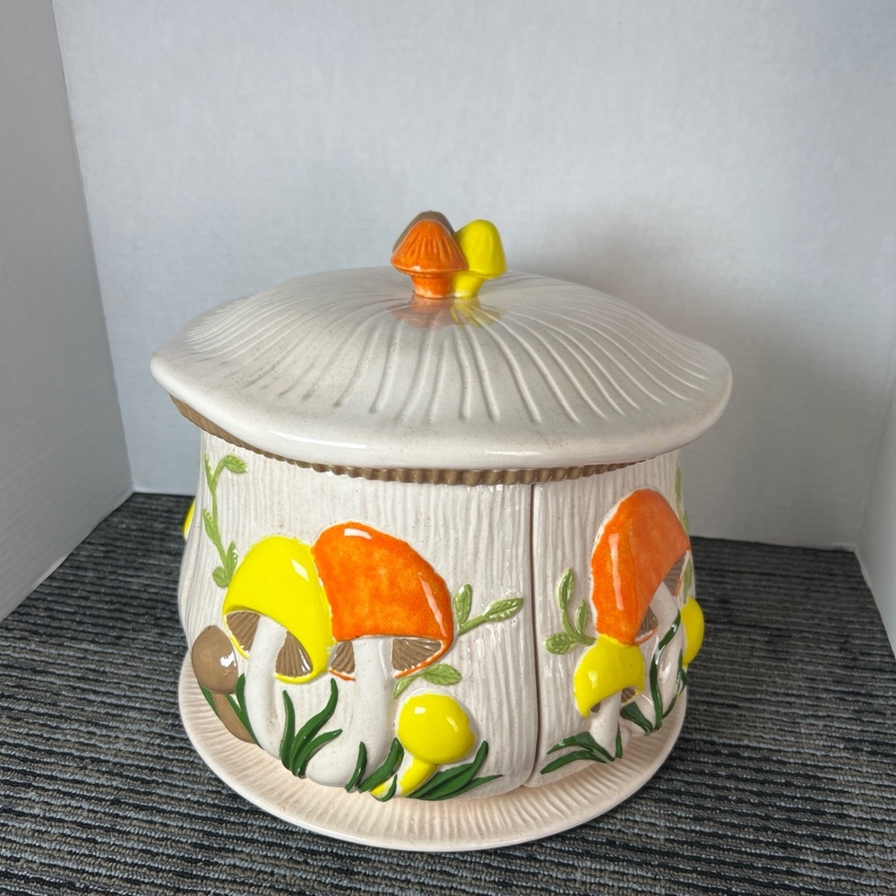Vtg 1974 Arnels 3D Mushroom Divided 4 Canister Lazy Susan W/Lid & Tray-Ceramic - Picture 2 of 16